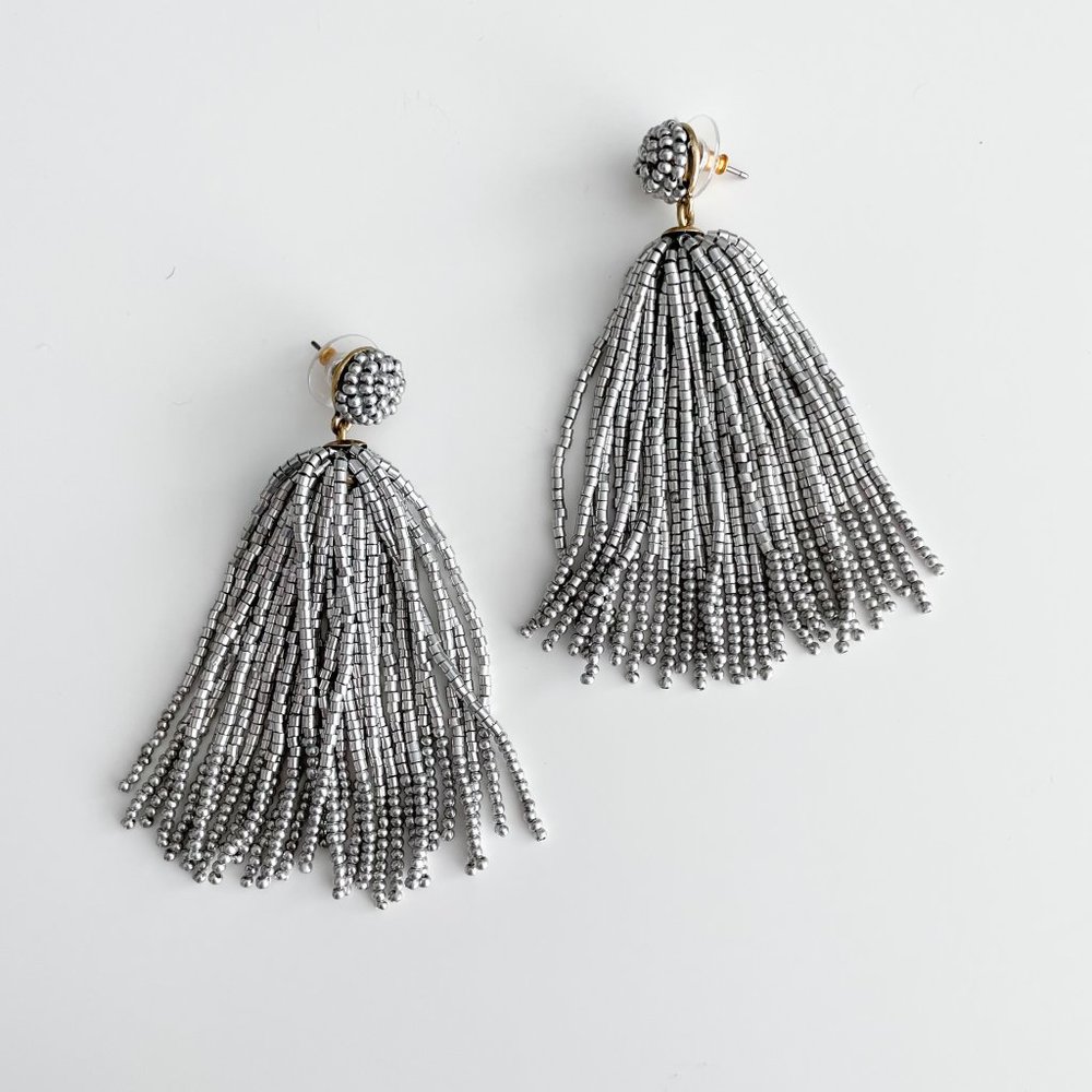 J. Crew Beaded Tassel Earrings (Silver Mirror)
